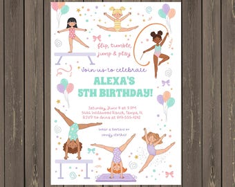 Gymnastics Birthday Invitation • Flip Tumble Jump & Play Party • Girls Gymnastics Theme • Editable, Instant Download