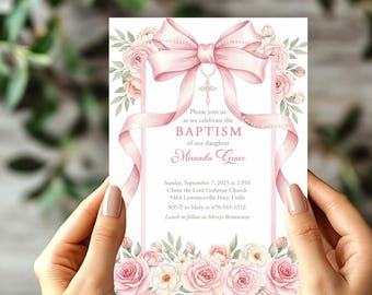 Pink Bow Baptism Invitation • Floral Girl Christening Template • Pearls & Roses Design • Editable Instant Download
