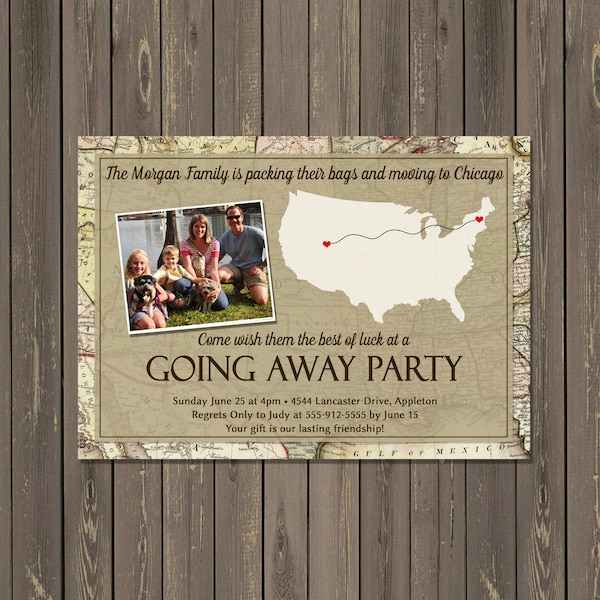 Going Away Party Invitation, Moving Farewell Party Invitation, Moving Announcement, Map Background, Retirement Invitation