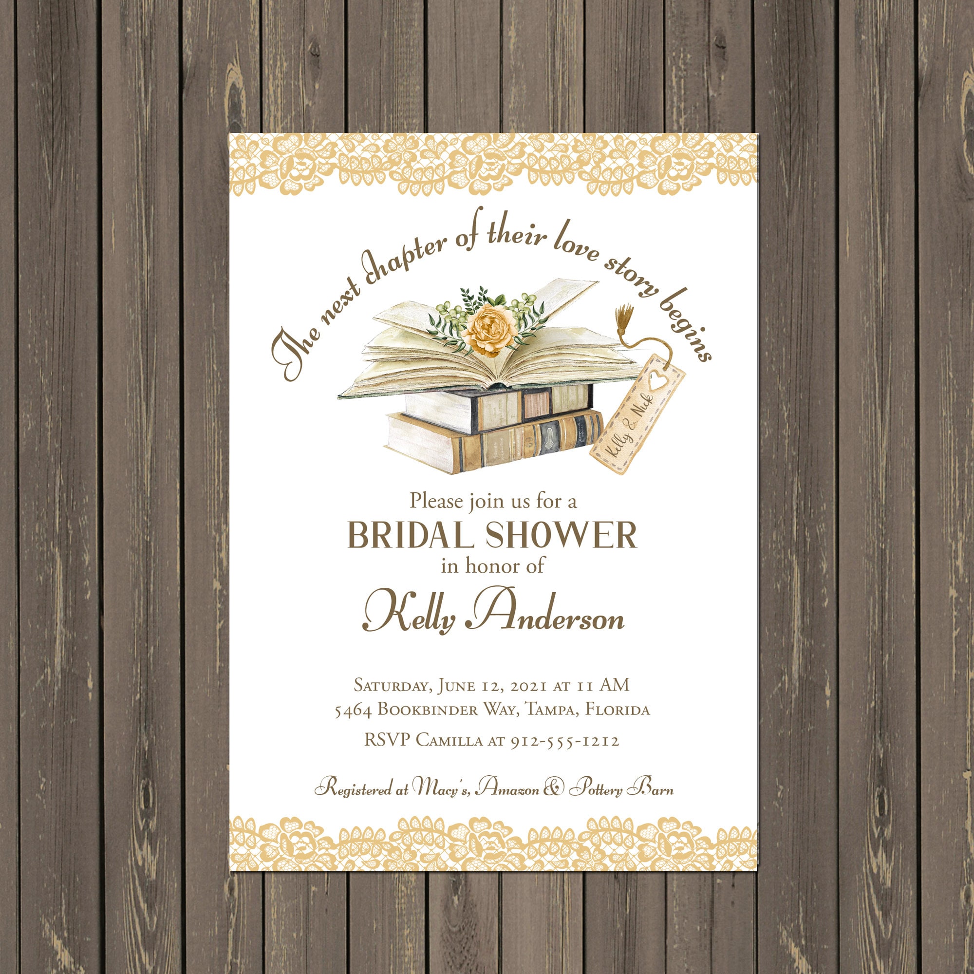 Book Themed Yellow Bridal Shower Invitation Library Shower Etsy
