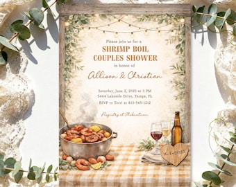 Faire bouillir les crevettes pour mariage en couple, faire-part de fiançailles, conception rustique d'ébullition (imprimé ou imprimé)