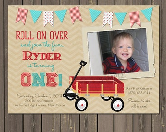 Wagon Birthday Invitation, Wagon 1st Birthday Party Invitation, Vintage look Wagon Invitation, red and teal, DIY or Printed