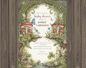 Invitación para baby shower de jardín de hadas, plantilla de bosque encantado (descarga digital)