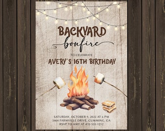 Backyard Bonfire Birthday Invitation: S'mores Party (Printed or Printable)
