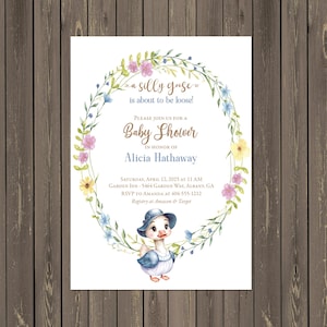 Silly Goose Baby Shower Invitation, Floral Baby Shower Design with Goose Illustration in Pink Blue or Green, Printable or Printed