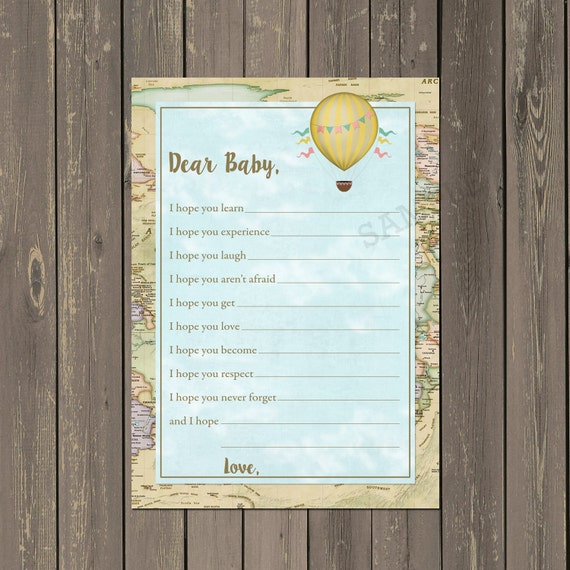 Dear Baby Cards, Hot Air Balloon Wishes for Baby Card, Baby Shower Advice Card, World Map, Adventure Baby Shower, Instant Download Il_570xn