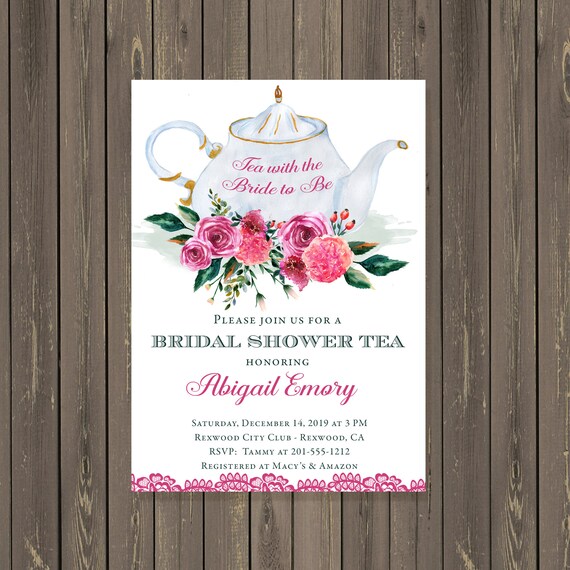 Bridal Shower Tea Invitation, Pink Watercolor Floral Bridal Shower Tea Party Invitation, Bridal Shower Brunch Invite, Printable or Printed Il_570xn