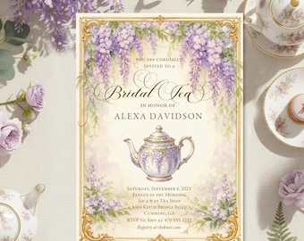 Regency Bridal Tea Invitation | Wisteria Floral Tea Party Shower Invite with Gold Frame | Custom Edited and Printed Invitations