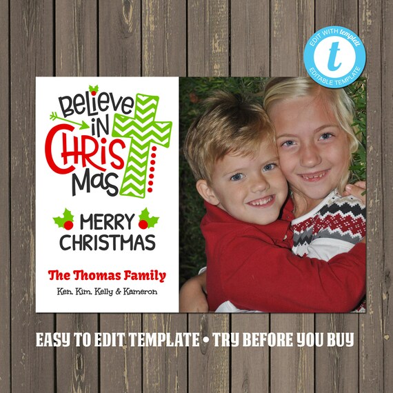 Religious Photo Christmas Card, Believe in the Christmas Photo Card, Easily Editable, Instant Download Il_570xn