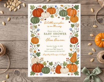 Little Pumpkin Baby Shower Invitation Fall Pumpkin Baby Shower Autumn Floral Gender Neutral Baby Shower Invitation (Printable or Printed)