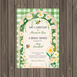 Meant to Bee Bridal Shower Invitation with Daisies and Bees in Green Gingham Garden Theme, Bumblebee – Custom Printed or Printable
