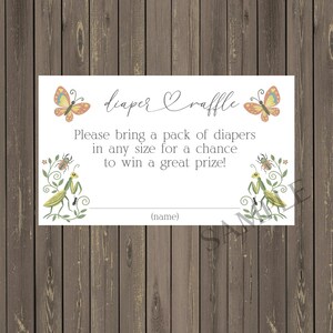 May include: A rectangular baby shower invitation with a white background and brown wooden texture. The invitation features the text "diaper raffle" with butterfly and insect illustrations. The text reads "Please bring a pack of diapers in any size for a chance to win a great prize!"