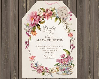 May include: A floral bridal shower invitation with a pink and white teacup and saucer, surrounded by pink and green flowers. The invitation reads "Bridal Tea honoring Alexa Kingston" and includes the date, time, location, RSVP information, and registry details.