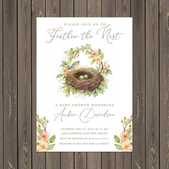 Bird Baby Shower Invitation, Feather the Nest Baby Shower Invitations , Bless the Nest, Gender Neutral, Printable or Printed Il_570xn