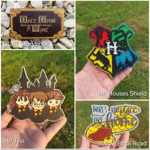 May include: A collection of four decorative resin plaques featuring a rectangular Once Upon a Time sign, a shield with four house crests, a trio of cartoon characters in robes, and a yellow brick road sign with the text There's no place like home.