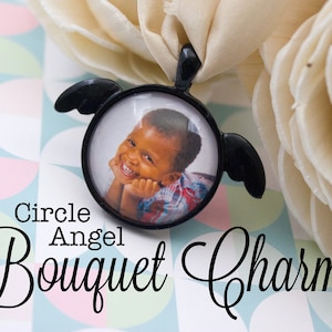 Angel Bouquet Charm - Wedding Photo Charm - Memorial Bouquet Charm - Bride Bouquet Charm - Black Bouquet Charm - 25 mm / 1 in Circle