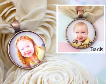 Double Sided Photo Bouquet Charm - Two Photo Wedding Charm - Double Bride Bouquet Charm - Antique Copper Bouquet Charm - 25 mm / 1 in Circle