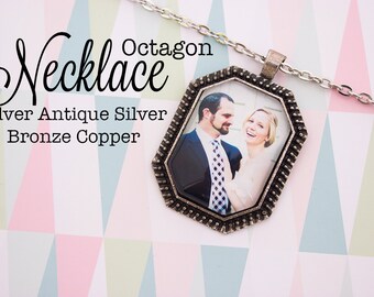 Custom Photo Necklace Octagon 22x30 mm Pendant Personalized Gift in Silver, Antique Silver, Antique Bronze or Antique Copper