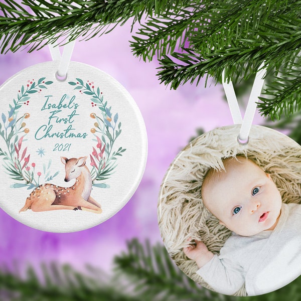 Baby Photo Ornament - Double Sided Ornament - Circle Ornament - Baby's First Christmas - Personalized Ornament - Baby Deer Ornament