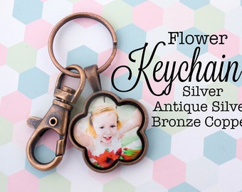 Custom Photo Keychain Flower 1 Inch / 25 mm Key chain Personalized Gift Silver Antique Silver, Antique Bronze and Antique Copper