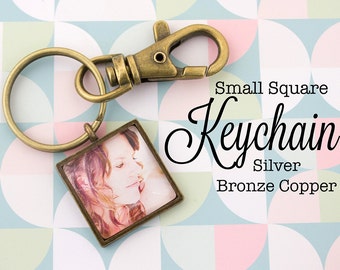 Custom Photo Keychain Square 20 mm Key chain Personalized Gift Silver, Antique Silver, Antique Bronze and Antique Copper