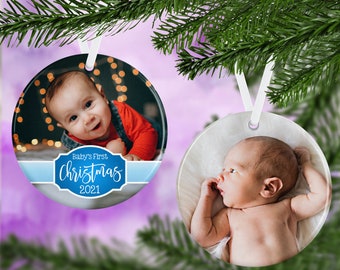 First Christmas Ornament - Double Sided Ornament - Circle Ornament - Baby's First Christmas - Personalized Ornament - Porcelain Ornament