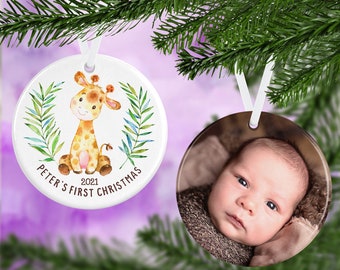 Baby's First Christmas Ornament - Double Sided Ornament - Circle Ornament - Baby Giraffe Christmas - Personalized Ornament