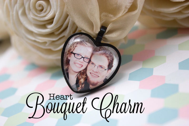 Custom Heart Bouquet Charm Wedding Photo Charm Heart Photo Bouquet Charm Bride Bouquet Charm Black Bouquet Charm 25 mm Heart image 1