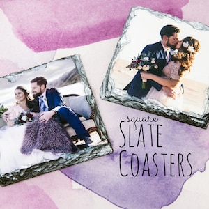 May include: Two square slate coasters with a couple's wedding photos printed on them. The coasters have a rustic, natural look. The text "square SLATE COASTERS" is printed below the coasters.