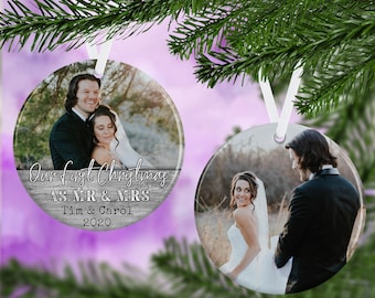 Our First Christmas as Mr and Mrs Ornament - FIrst Christmas - Double Sided Ornament - Photo Ornament - Personalized Ornament