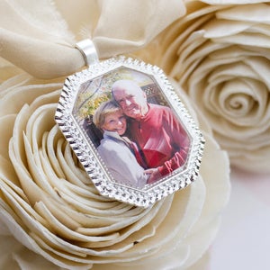 Bridal Bouquet Charm - Photo Bouquet Charm - Custom Bouquet Charm - Wedding Photo Gift - Silver Bouquet Charm - 22x30 mm Octagon