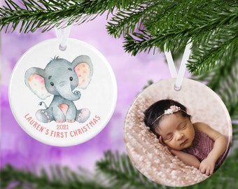 Baby's First Christmas Ornament - Double Sided Ornament - Circle Ornament - Baby Elephant Christmas - Personalized Ornament