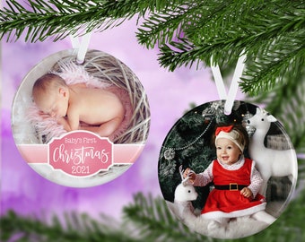 Baby's First Christmas Ornament - Photo Ornament - Double Sided Ornament - Circle Ornament - Personalized Ornament - Porcelain Ornament