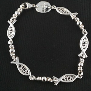 Christian Fish Bracelet in Sterling Silver, Tiny Sideways Ichthus with Cross