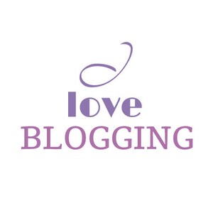 May include: Purple text that reads "love BLOGGING" with a stylized purple swirl above the text.