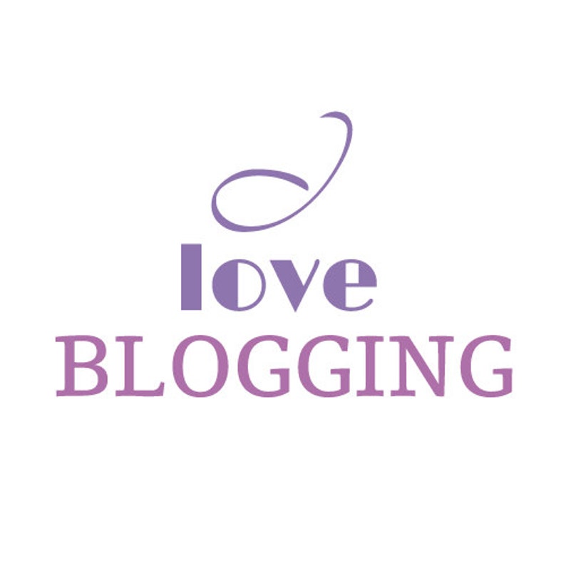 May include: Purple text that reads "love BLOGGING" with a stylized purple swirl above the text.