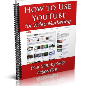 May include: A red and white spiral bound book with the title "How to Use YouTube for Video Marketing" and the text "Your Step-by-Step Action Plan". The cover features a screenshot of a YouTube page.