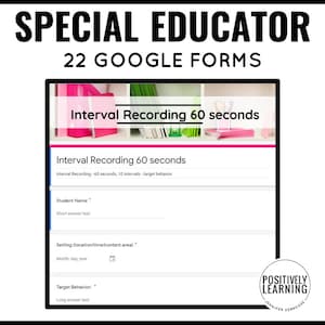 以下が含まれることがあります： 「60秒間隔記録」というタイトルのGoogleフォームテンプレートです。このフォームには、生徒の名前、設定、目標行動のフィールドが含まれています。このフォームは、特別支援教育の教師向けに設計されています。