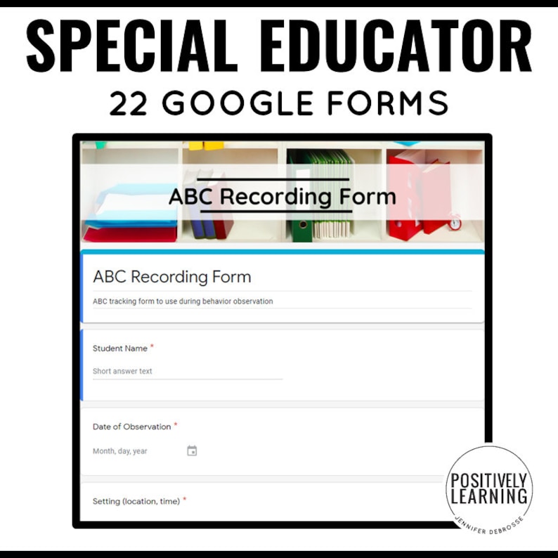 以下が含まれることがあります： 行動観察を記録するための「ABC記録フォーム」というタイトルのGoogleフォームテンプレート。このフォームには、生徒の名前、観察日時、設定のフィールドが含まれています。このフォームは、特別支援教育の先生向けに設計されています。