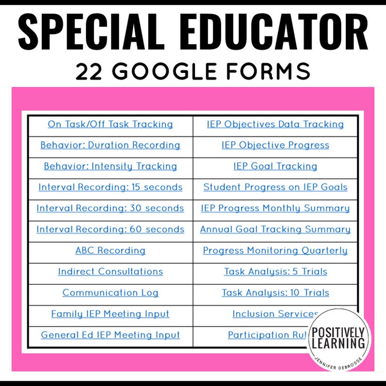 以下が含まれることがあります： 「SPECIAL EDUCATOR 22 GOOGLE FORMS」というタイトルのピンクとブルーのチャート。このチャートは、特別支援教育の教師向けの22種類の異なるGoogleフォームをリストアップしています。具体的には、「タスクのオン/オフの追跡」、「行動：期間の記録」、「行動：強度の追跡」、「間隔記録：15秒」、「間隔記録：30秒」、「間隔記録：60秒」、「ABC記録」、「間接的な相談」、「コミュニケーションログ」、「家族のIEP会議への入力」、「一般教育のIEP会議への入力」、「IEP目標データの追跡」、「IEP目標の進捗状況」、「IEP目標の追跡」、「IEP目標における生徒の進捗状況」、「IEPの月次進捗状況の要約」、「年間目標追跡の要約」、「四半期ごとの進捗状況の監視」、「タスク分析：5回の試行」、「タスク分析：10回の試行」、「インクルージョンサービス」、「参加ルール」などです。