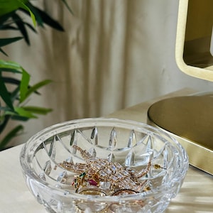 Vintage Clear Glass Trinket Dish: Diamond Cut Jewelry Holder