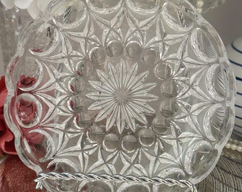 Vintage Clear Cut Glass Dish with Scalloped Edge & Starburst Pattern