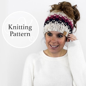 Knitting Pattern Ponytail Hat, Bun Beanie, Patuxent Ponytail Hat Instant Download