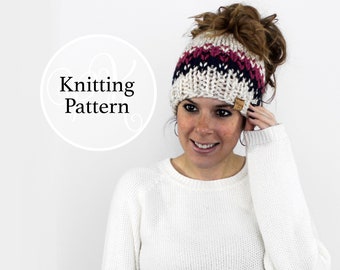 Knitting Pattern Ponytail Hat, Bun Beanie, Patuxent Ponytail Hat Instant Download