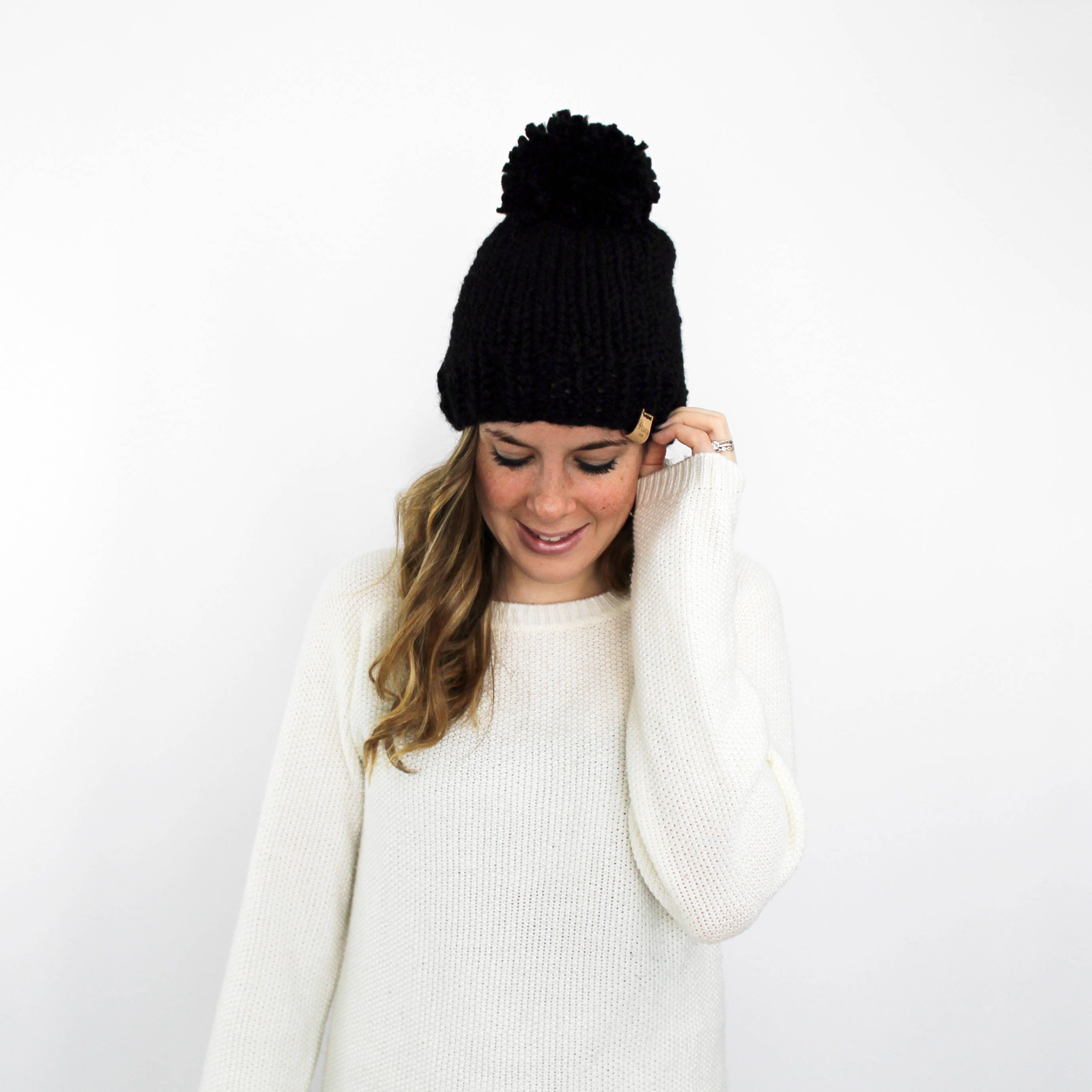 Black Knit Hat Pom Pom Bobble Beanie Knitted Pokomoke Hat Etsy