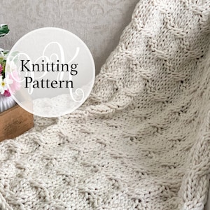 May include: A close-up of a cream-colored knitted blanket with a cable knit pattern. The blanket is draped over a couch and the text "Knitting Pattern" is visible in a circle.