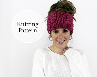 Knitting Pattern Bun Hat, Piscataway Ponytail Hat Instant Download