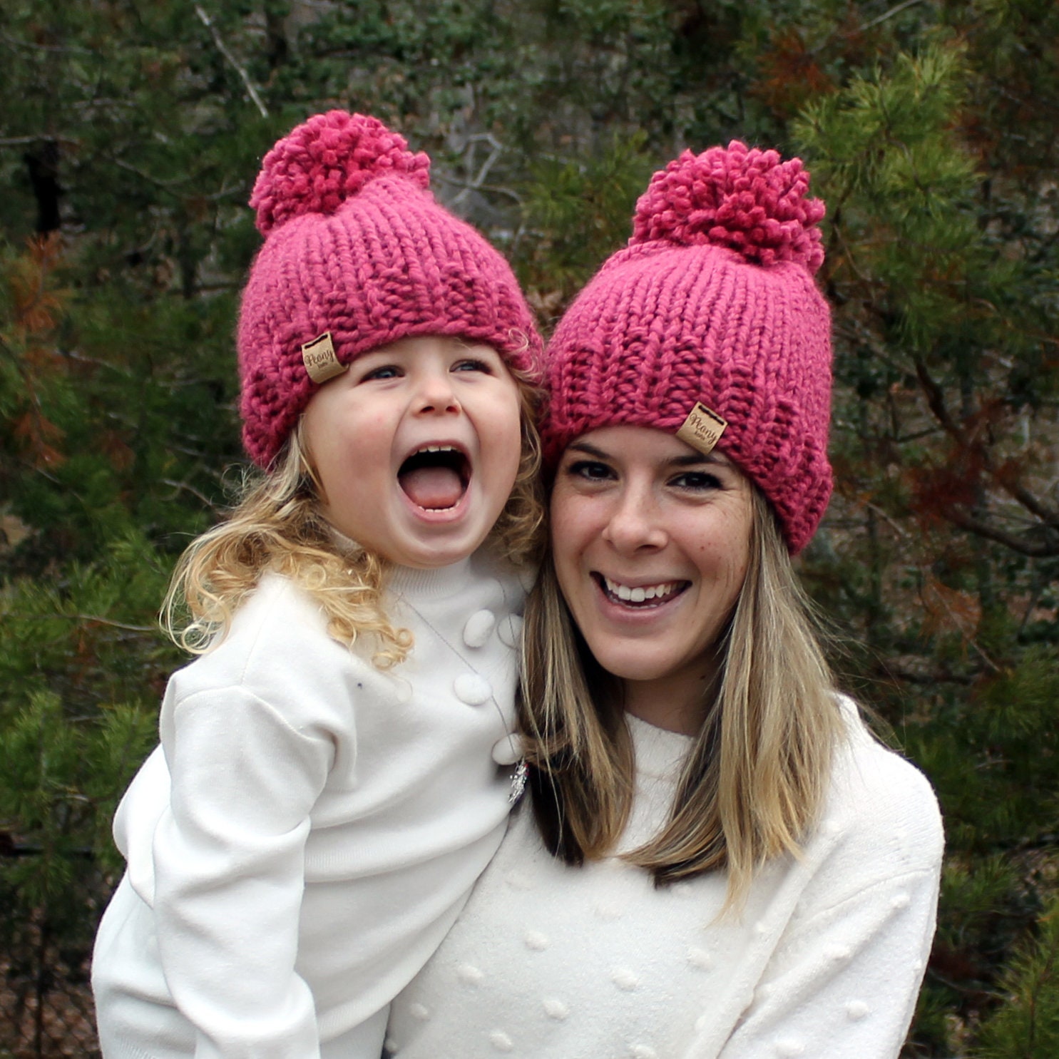 Mom And Me Knit Set Mother Daughter Hats Pom Hats Knitted Etsy 