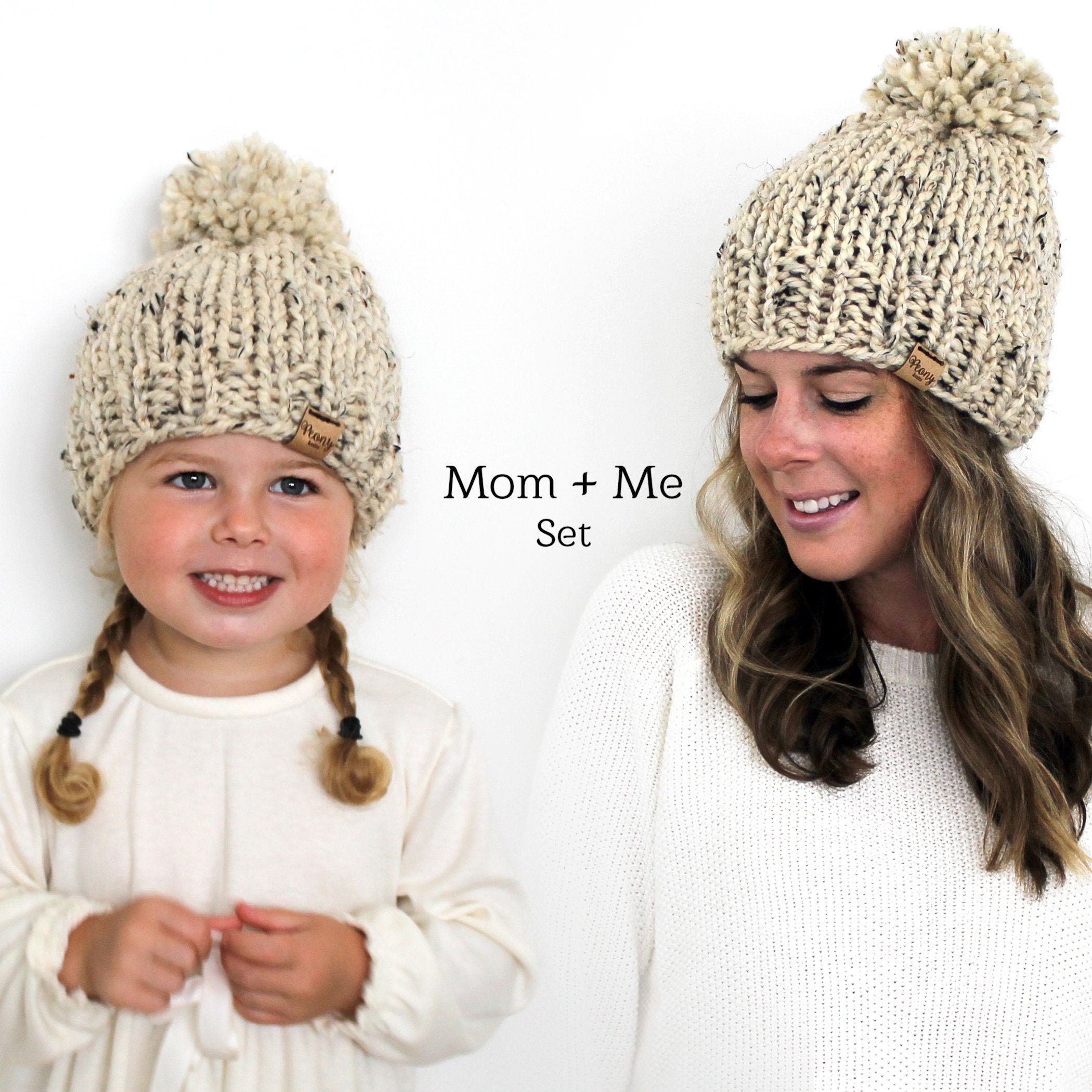 Mom and Me Knit Set Mother Daughter Hats Pom Hats Knitted Etsy
