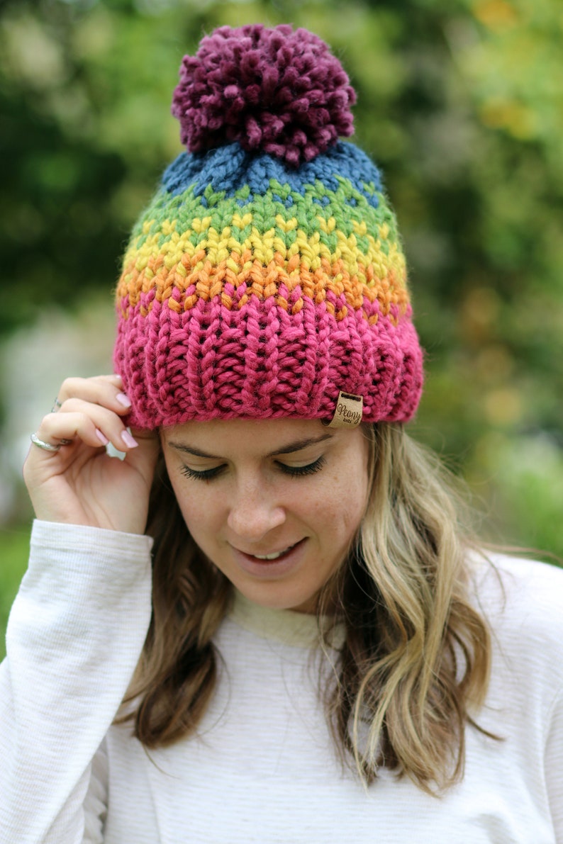 Rainbow Hat Knitted Hat Pom Pom Pride Ellicott Hat Etsy